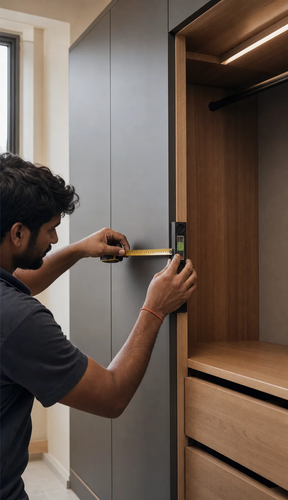 Cabinet installer carefully measuring a custom modular wardrobe